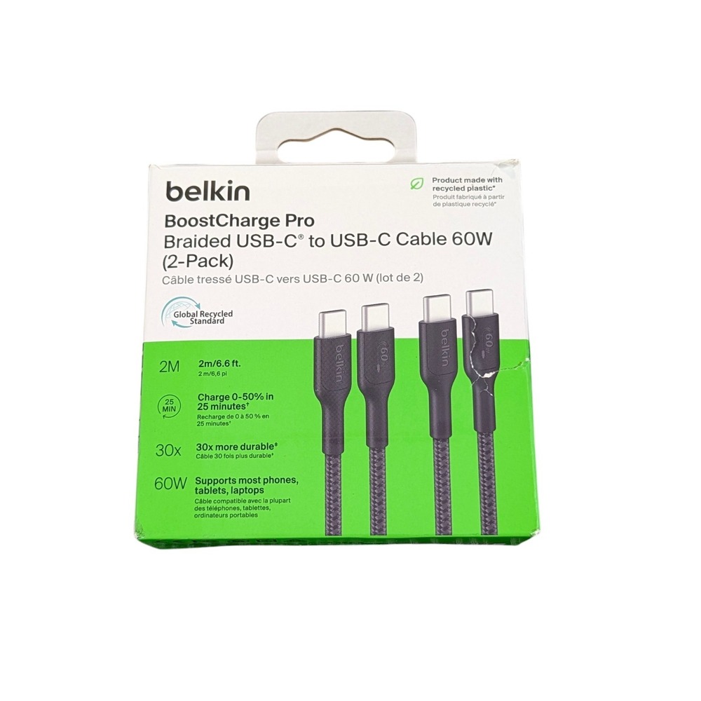 Cc8O‎ Belkin BoostCharge Pro Braided 60W USB-C to USB-C 6.6 ft - Black (2 Pack)